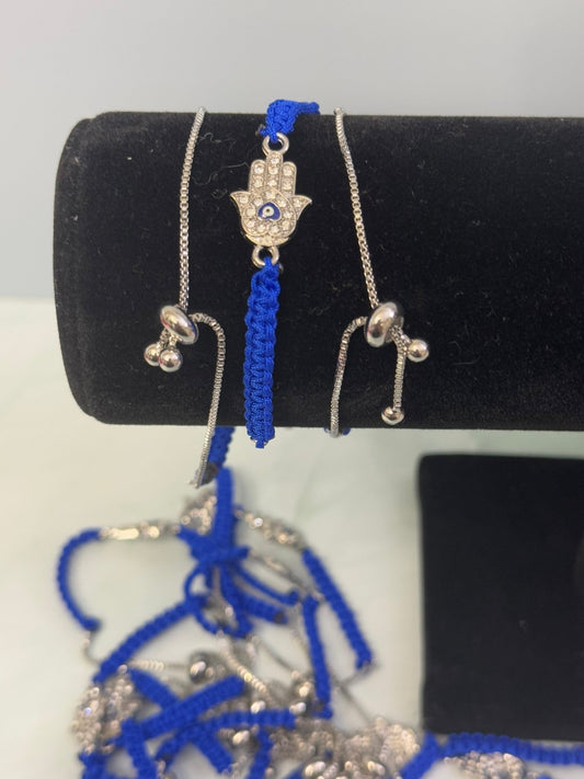 Sterling Silver Hand Evil Eye Bracelet – Blue Cord Adjustable - Pip & Purlie